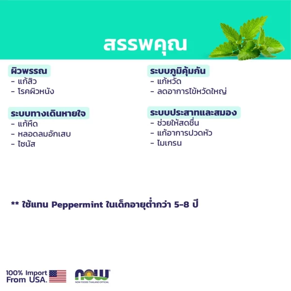 น้ำมันหอมระเหย สเปียร์มิ้นท์ ออร์แกนิค NOW Foods Spearmint Oil, Organic